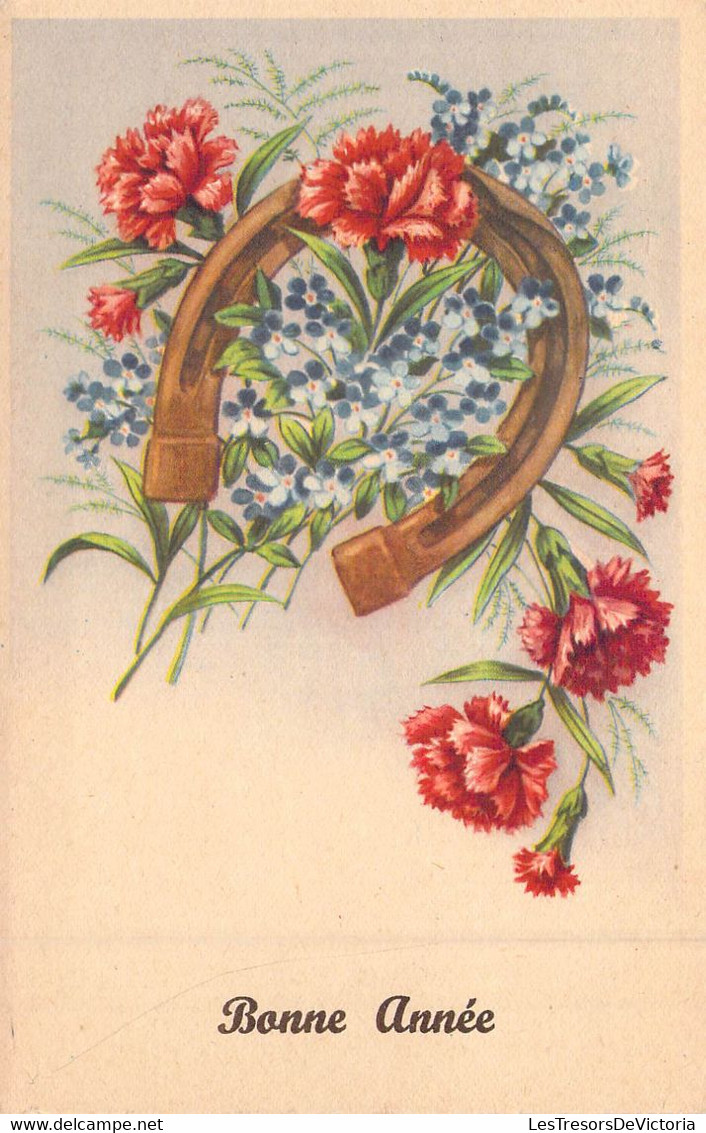 Fantaisie - Fer A Cheval - Fleurs - Bonne Année - Carte Postale Ancienne - Femmes