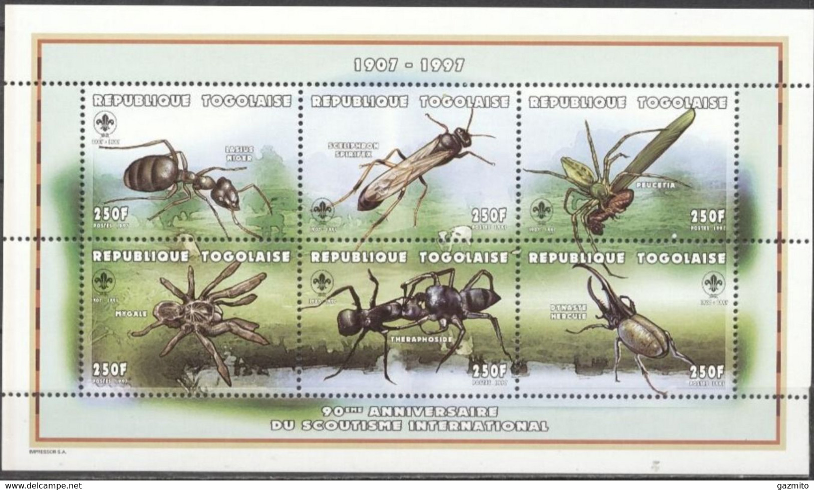 Togo 1997, Scout, Insects, Ant, Spider, 6val In BF - Spiders