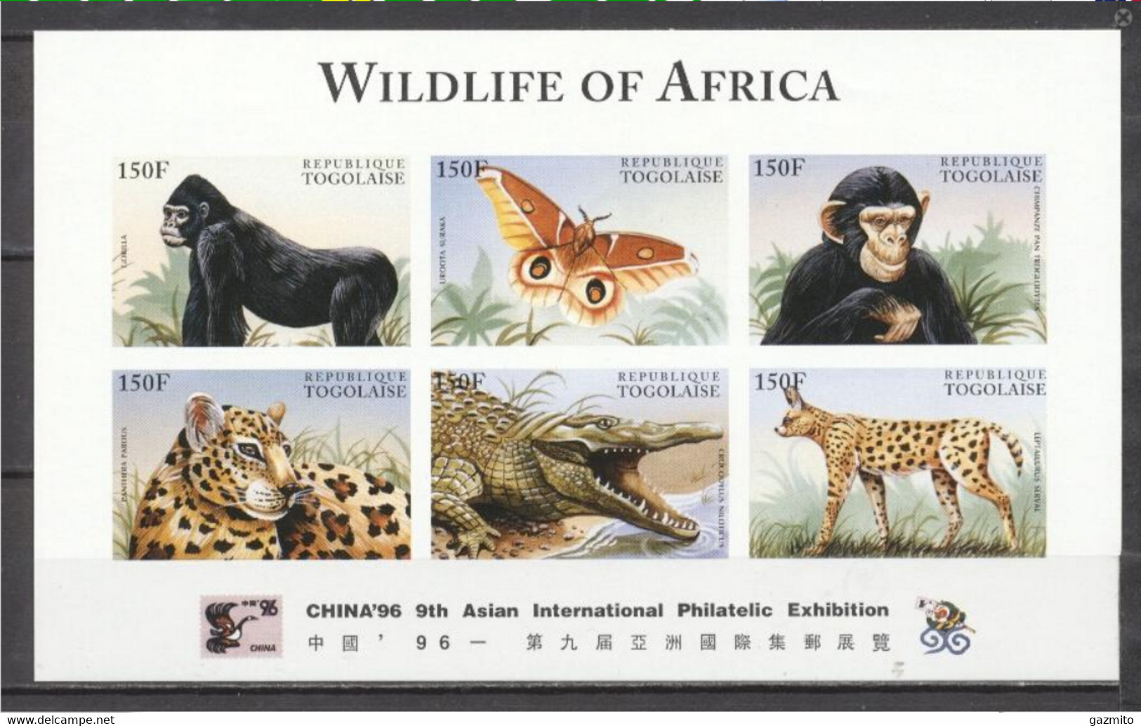 Togo 1996, Philaexpo China96, Gorilla, Butterfly, Leopard, Crocodile, Lynx, 6val In BF IMPERFORATED - Gorilles