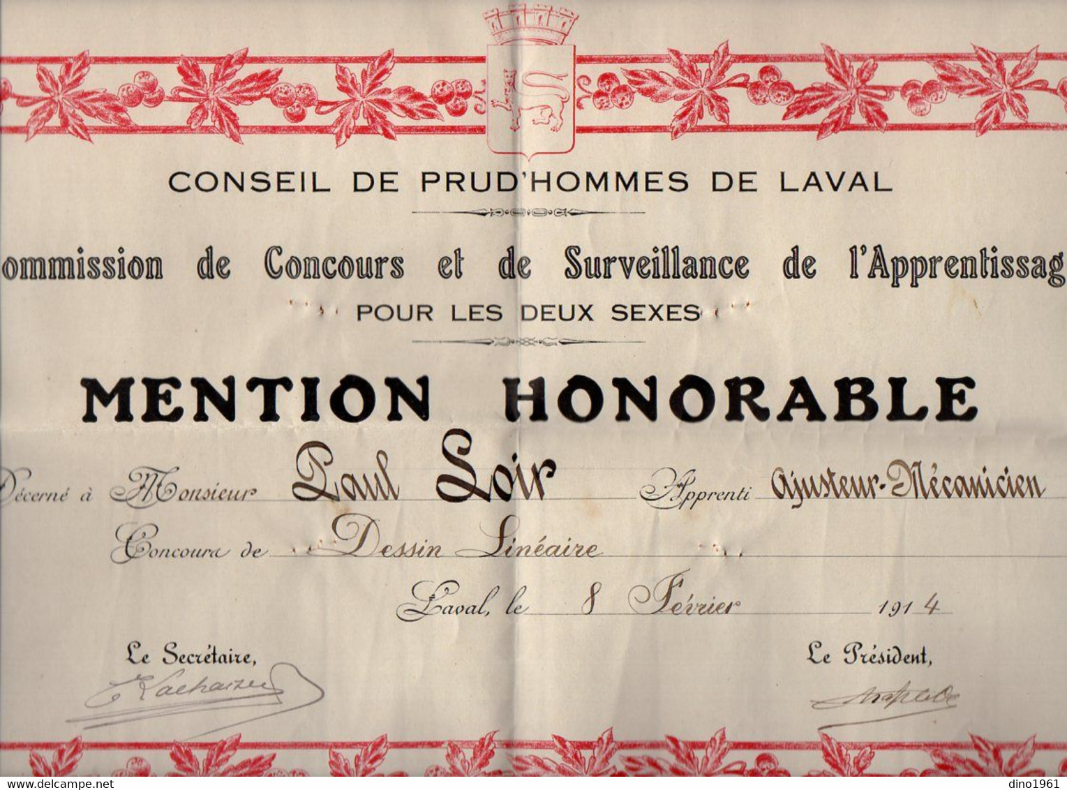 VP21.750 - LAVAL - 1914 - Concour De Dessin Linéaire - Mention Honorable - Mr Paul LOIR Apprenti Ajusteur - Mécanicien - Diplome Und Schulzeugnisse