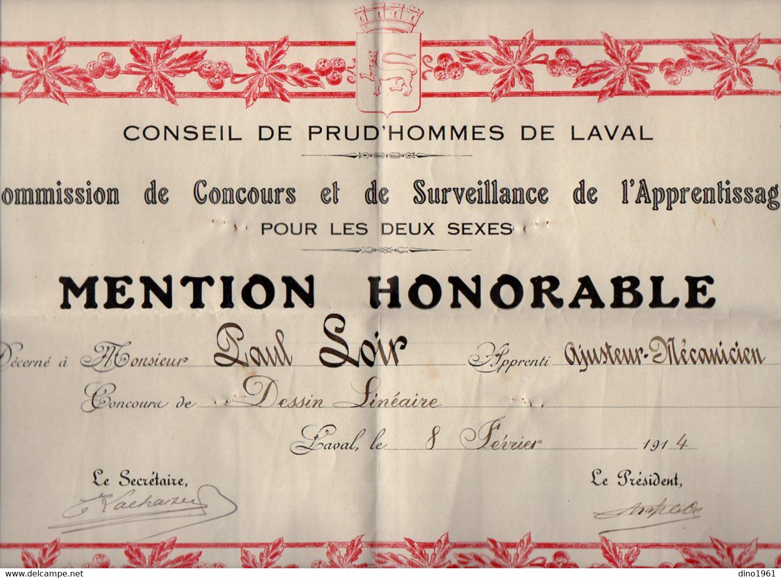 VP21.750 - LAVAL - 1914 - Concour De Dessin Linéaire - Mention Honorable - Mr Paul LOIR Apprenti Ajusteur - Mécanicien - Diplômes & Bulletins Scolaires