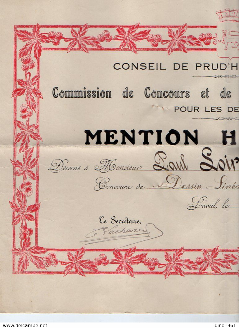 VP21.750 - LAVAL - 1914 - Concour De Dessin Linéaire - Mention Honorable - Mr Paul LOIR Apprenti Ajusteur - Mécanicien - Diplomas Y Calificaciones Escolares