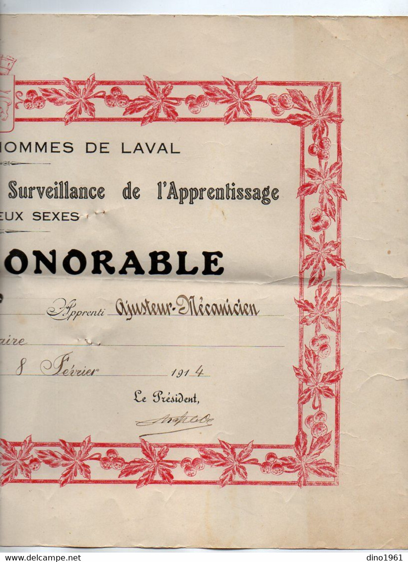 VP21.750 - LAVAL - 1914 - Concour De Dessin Linéaire - Mention Honorable - Mr Paul LOIR Apprenti Ajusteur - Mécanicien - Diplomas Y Calificaciones Escolares