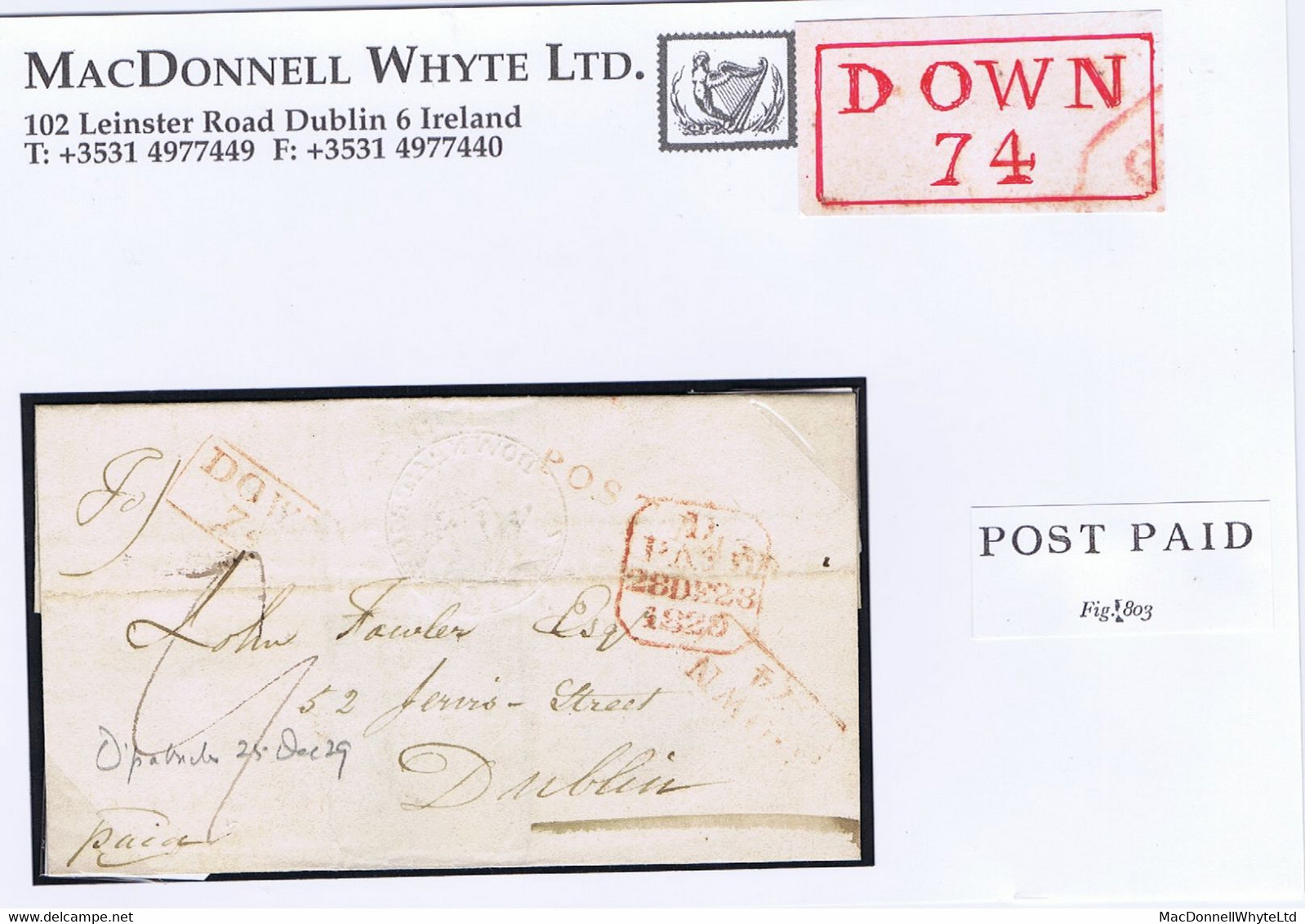 Ireland Down 1829 Cover Downpatrick To Dublin At 9d, With Unframed POST PAID Of Down And Matching Boxed DOWN/74 - Préphilatélie