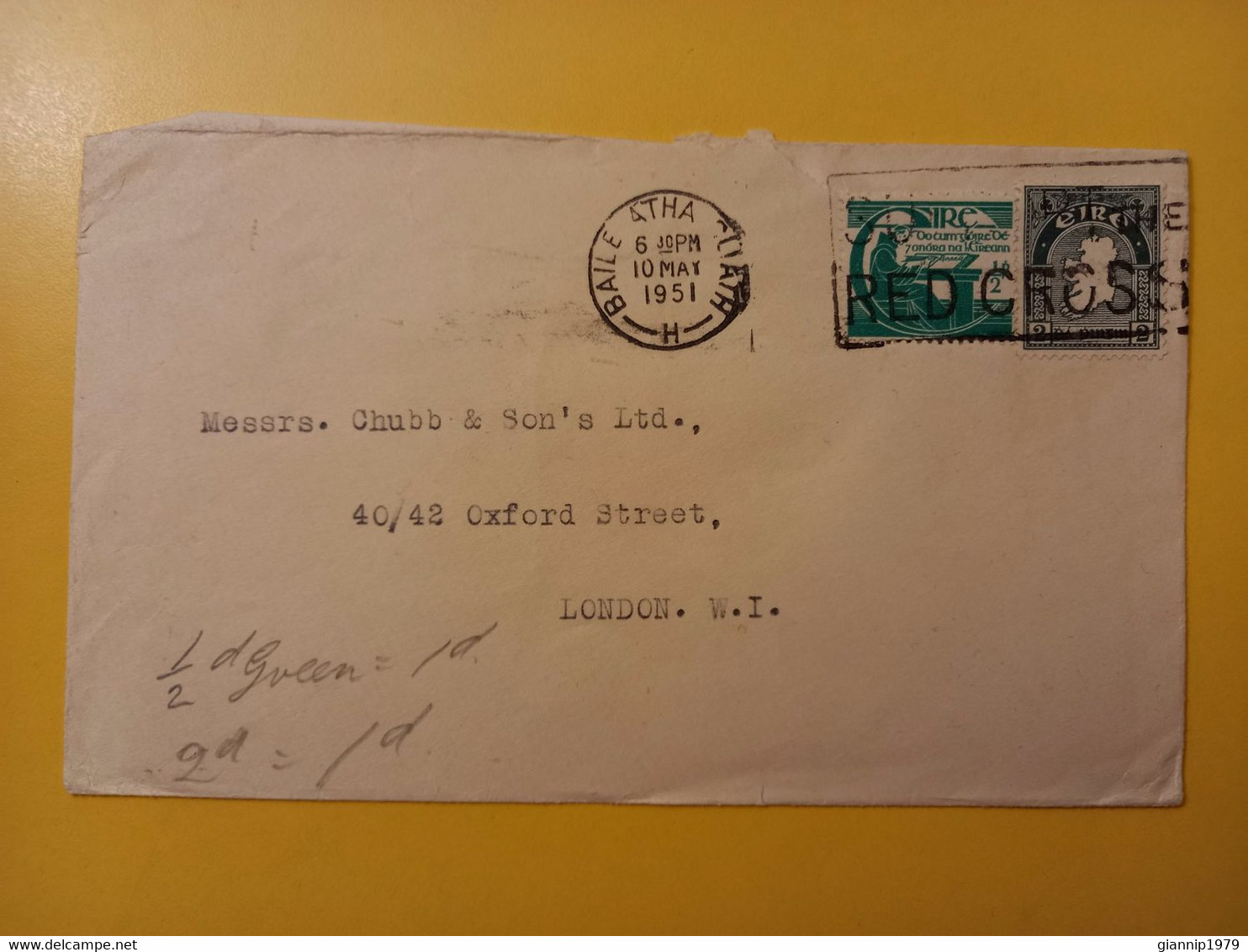 1951 BUSTA COVER IRLANDA EIRE IRLAND BOLLO MICHEAL O CLERIGH MAP OBLITERE' BAILE FOR LONDON - Lettres & Documents