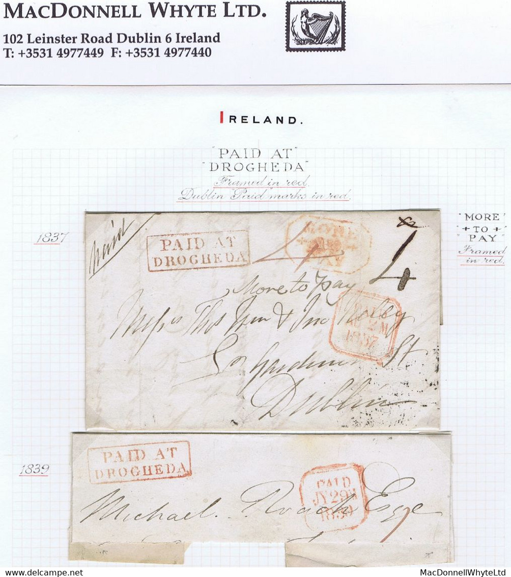 Ireland Louth 1837 And 1839 Boxed PAID AT/DROGHEDA In Red On Cover And Piece, First With MORE/+TO+/PAY - Prefilatelia