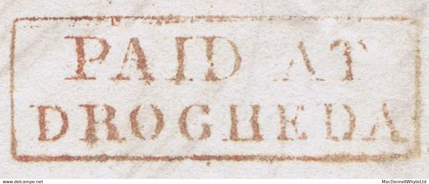 Ireland Louth 1837 And 1839 Boxed PAID AT/DROGHEDA In Red On Cover And Piece, First With MORE/+TO+/PAY - Prefilatelia