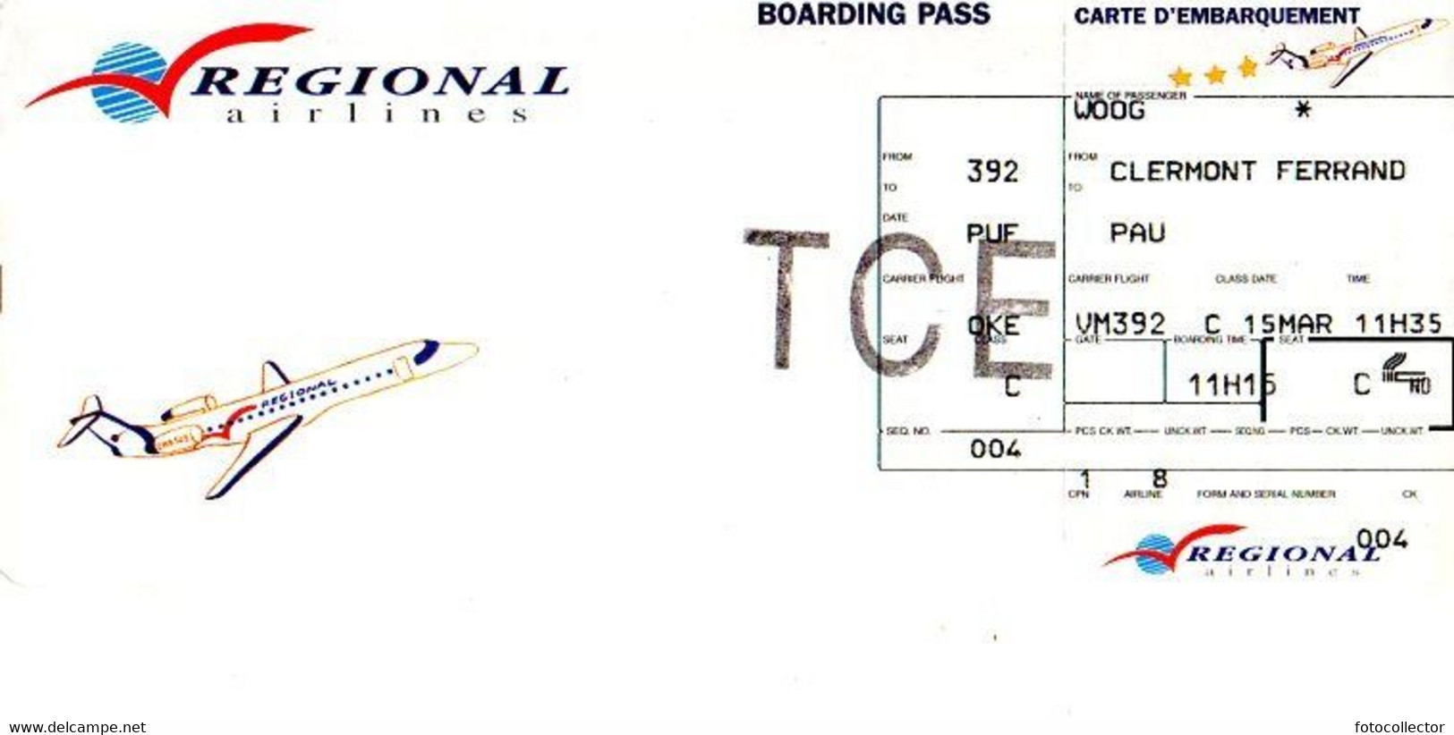 Carte D'embarquement Regional Airlines Clermont Ferrand - Pau 15 Mars 1999 - Instapkaart