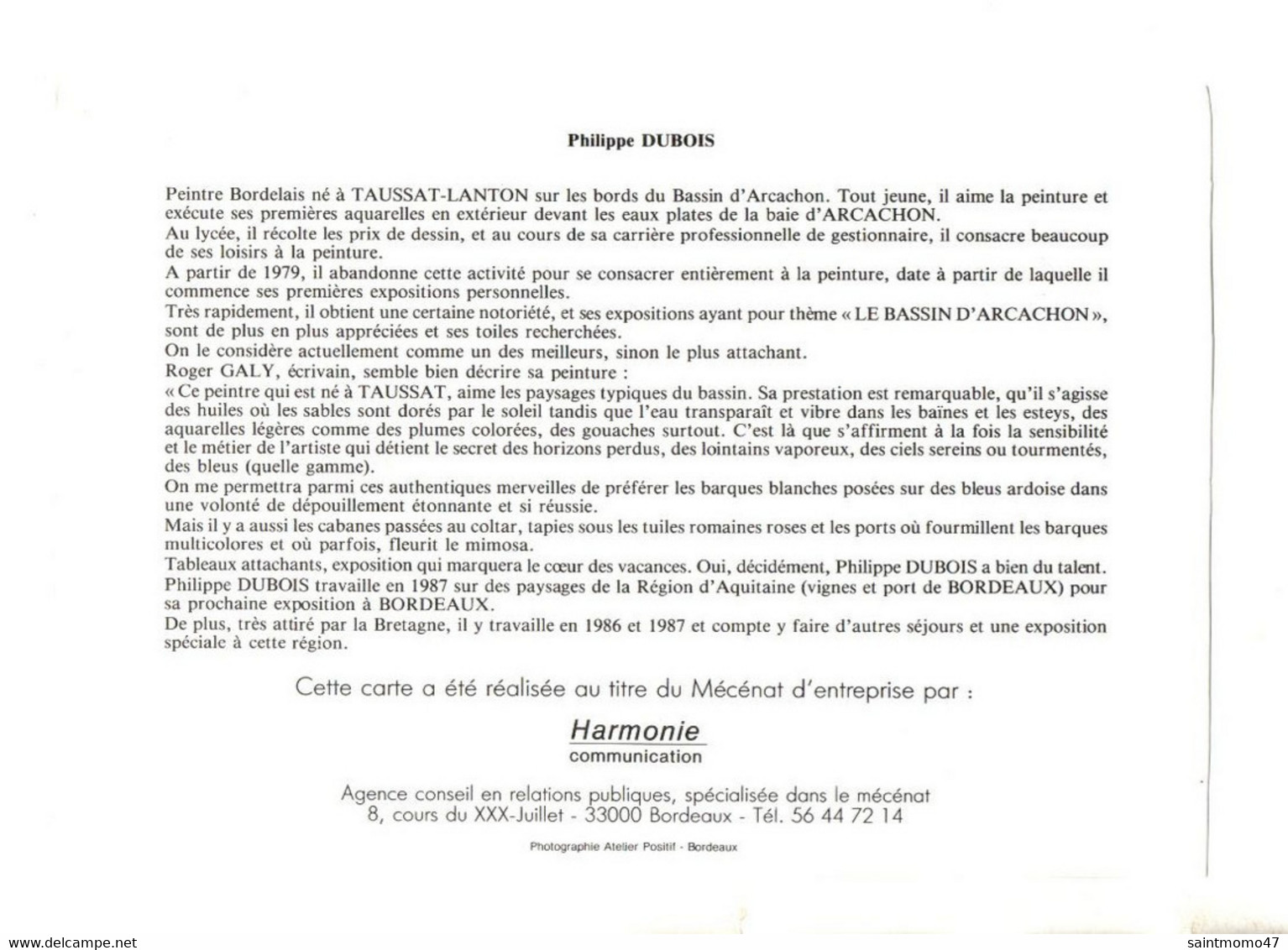 ART . 33 - PEINTRE BORDELAIS NÉ À TAUSSAT-LANTON . PHILIPPE DUBOIS - Réf. N°348F - - Programmes