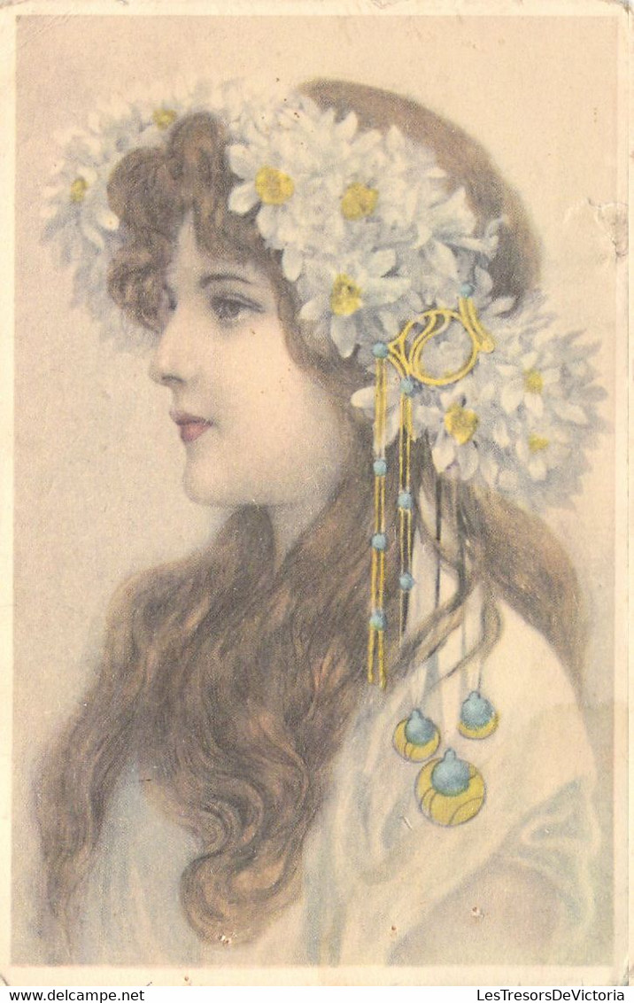 FANTAISIES - Portrait De Femme  - Couronne De Fleurs Blanches - Illustration Non Signée - Carte Postale Ancienne - Femmes