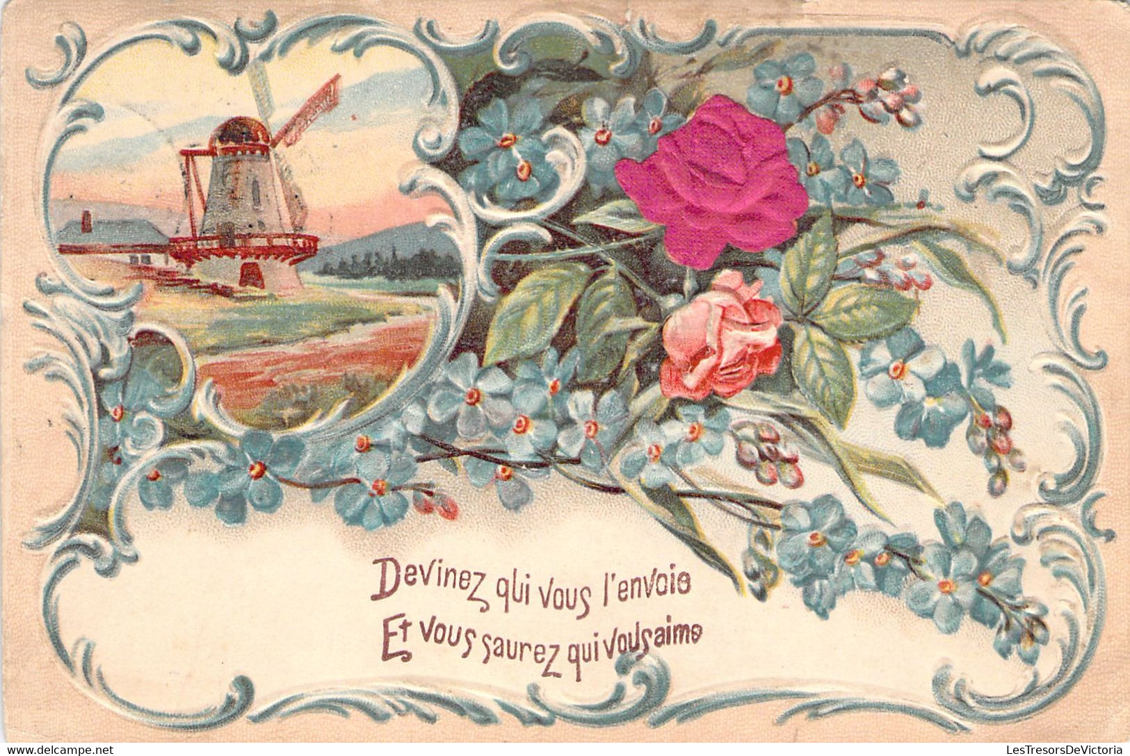 FANTAISIES - Devinez Qui Vous L'envoie - Moulin - Fleurs - Carte Postale Ancienne - Autres & Non Classés