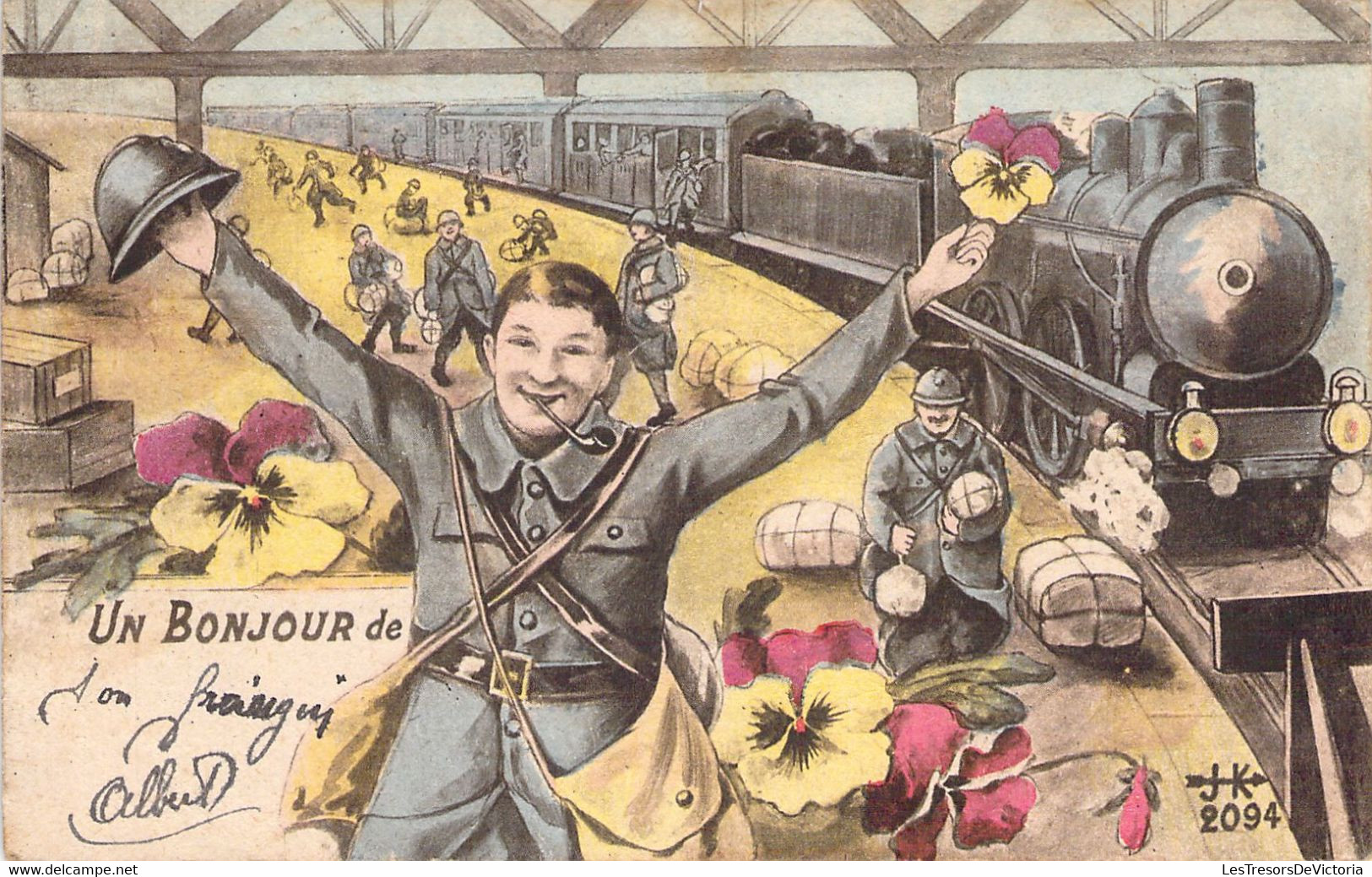 MILITARIA HUMORISTIQUES - Soldat Envoie Un Bonjour De - Train - Pensée - Carte Postale Ancienne - Humour