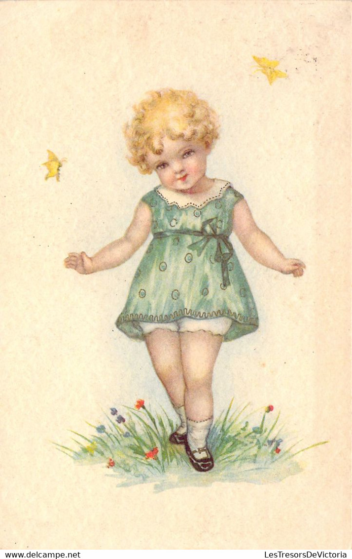 ENFANTS - Fillette En Robe Verte - Blonde - Papillon - Illustration Non Signée - Carte Postale Ancienne - Szenen & Landschaften