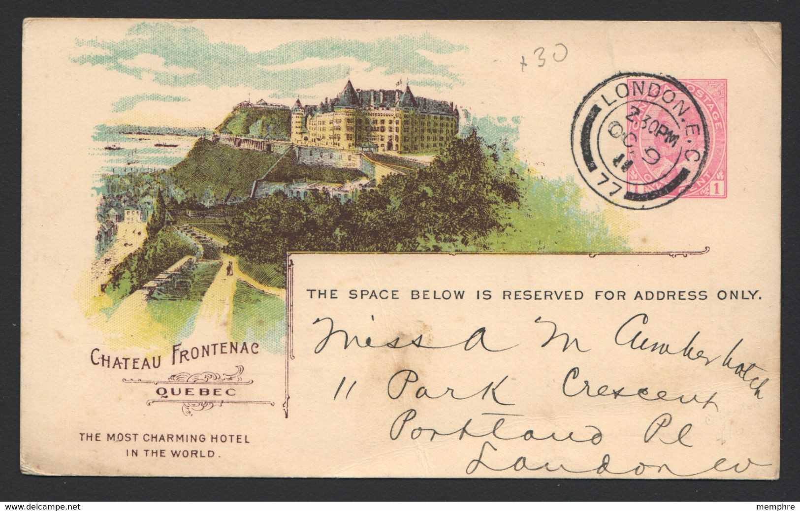 CPR Postcard Chateau Frontenac Quebec City  Edward VII 1&cent; Webb CPR B 38  Winnipeg Local Letter - 1903-1954 Rois