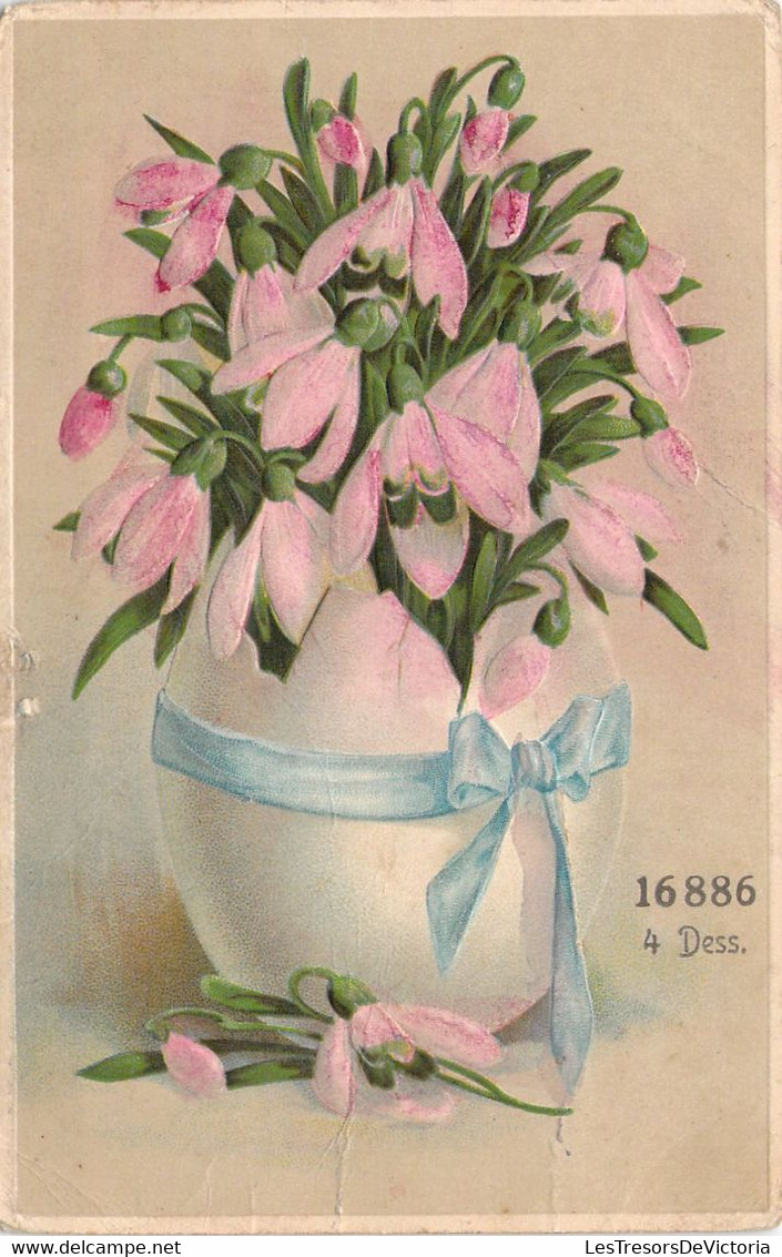 FANTAISIES - Illustration Non Signée D'un Pot De Fleurs Roses Et Nœud Bleu - Carte Postale Ancienne - Blumen