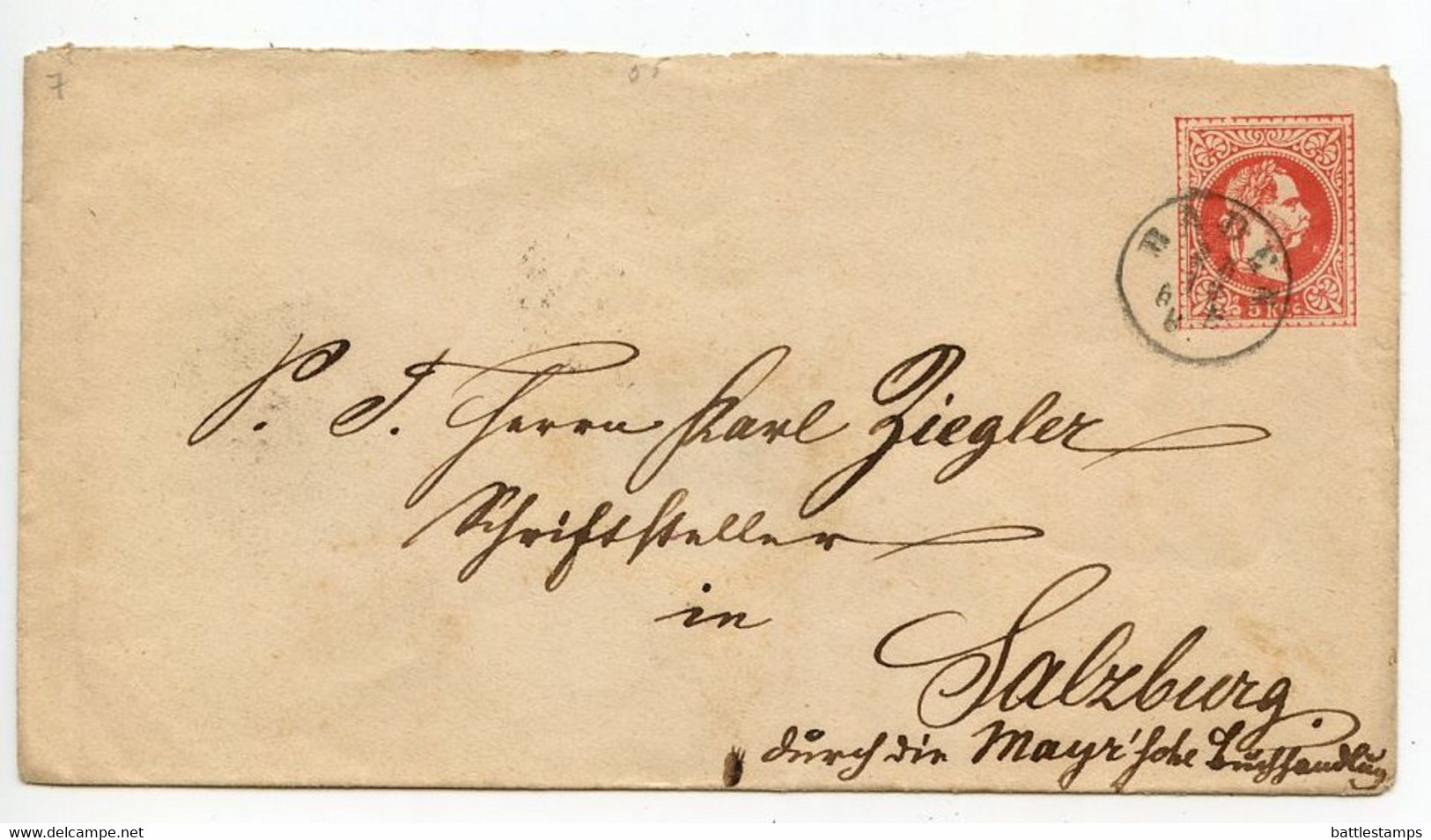 Austria 1869 5kr Franz Josef Postal Envelope; Baden To Salzburg - Covers