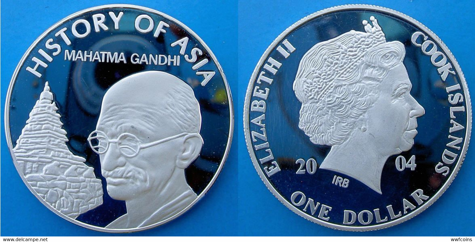 COOK ISLAND 1 $ 2004 CU-NI SILVER PLATED PROOF MAHATMA GANDHI HISTORY OF ASIA PESO 18,4g CONSERVAZIONE FONDO SPECCHIO UN - Cookeilanden