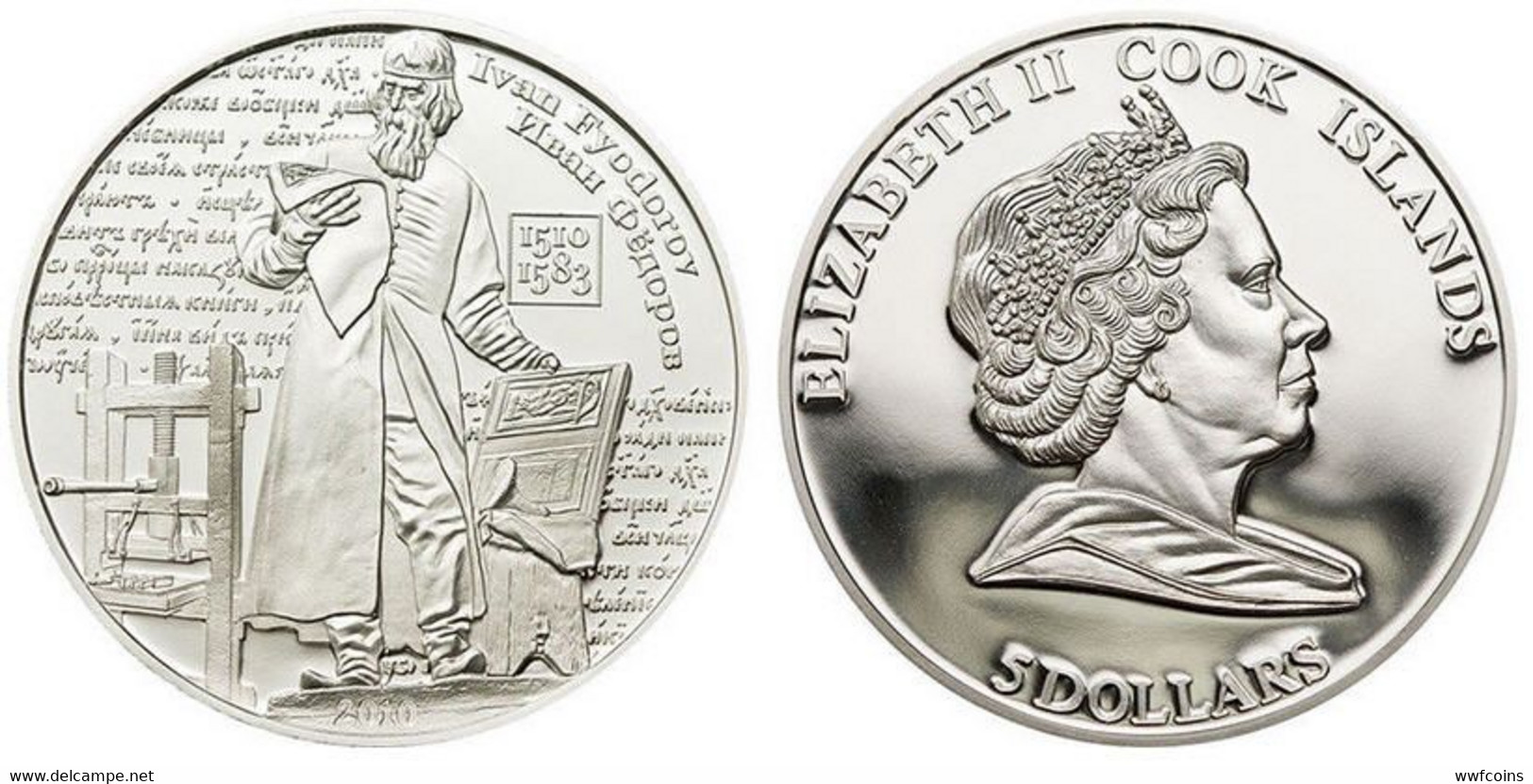 COOK ISLANDS 5 $ 2010 ARGENTO PROOF SILVER IVAN FYODOROV STAMPA ANTICA MINTAGE 1510 PZ PESO 20g TITOLO 0,925 - Cookinseln