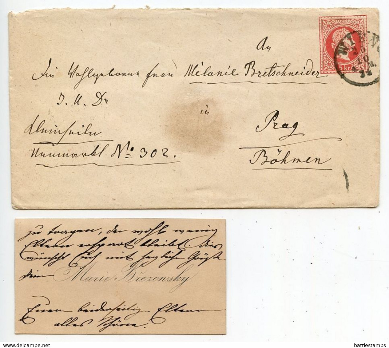 Austria 1870's 5kr Franz Josef Postal Envelope; Vienna To Prague - Enveloppes