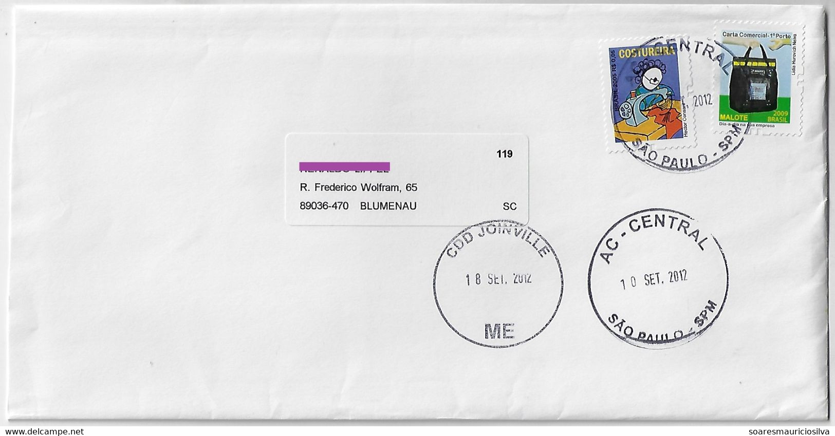 Brazil 2012 Cover São Paulo To Blumenau Service Cancel ME = Misdirected To Joinville 2 Definitive Stamp - Briefe U. Dokumente