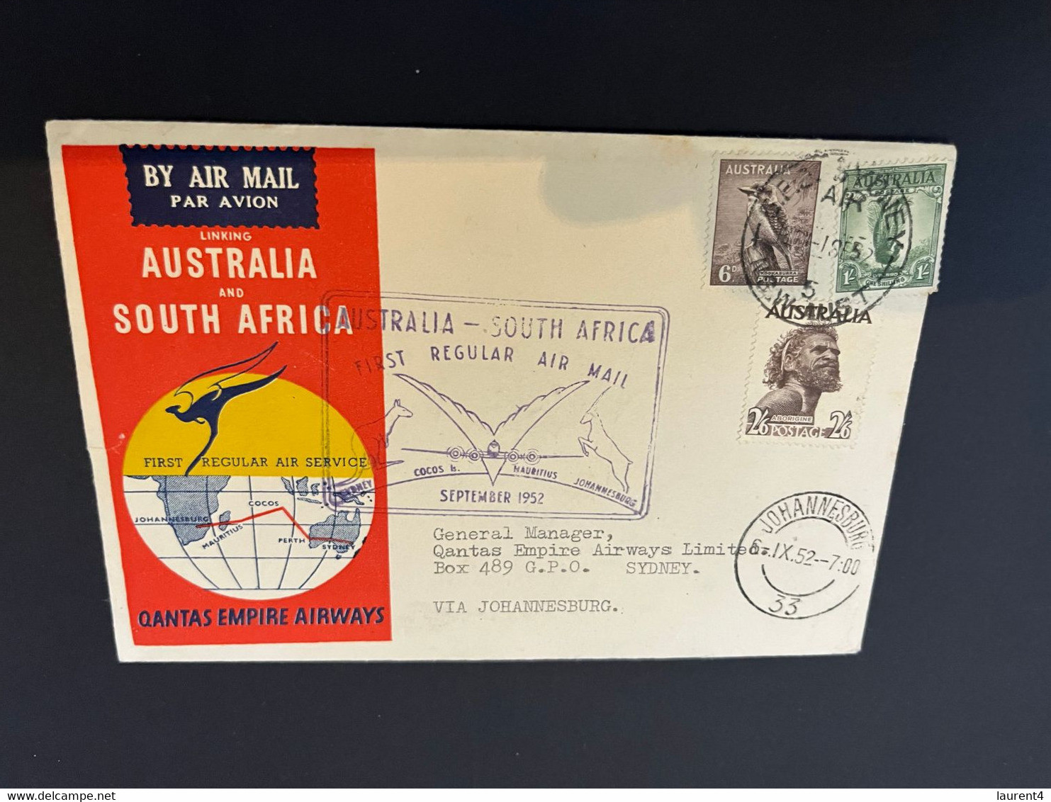 (1 P 34) Australia To South Africa First Flight - 1952 - QANTAS Empire Airways  (number 46726) - Premiers Vols