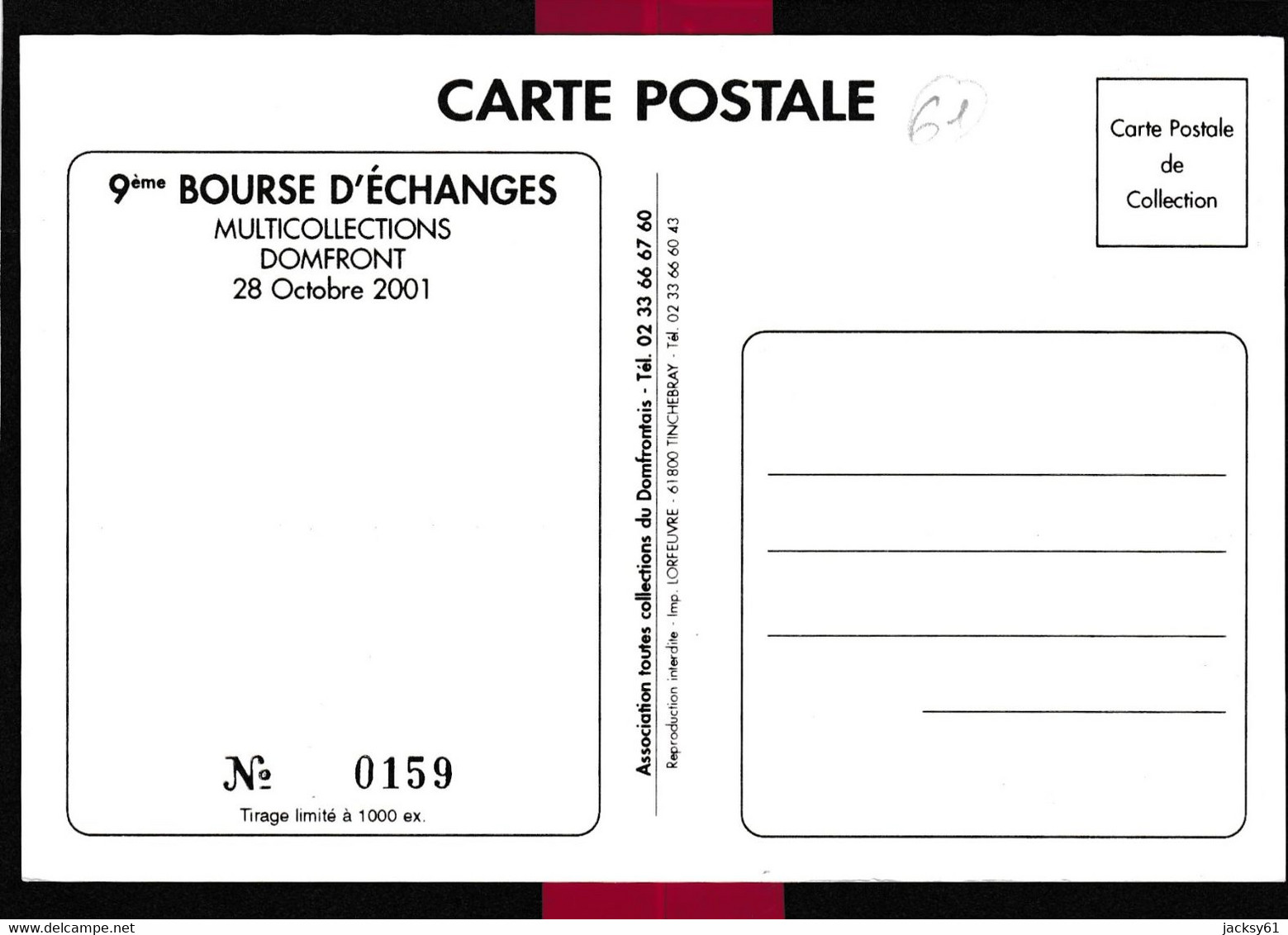61 - Domfront  9 ème  Bourse D'échanges Multicollections  28 Octobre 2001 - Bourses & Salons De Collections
