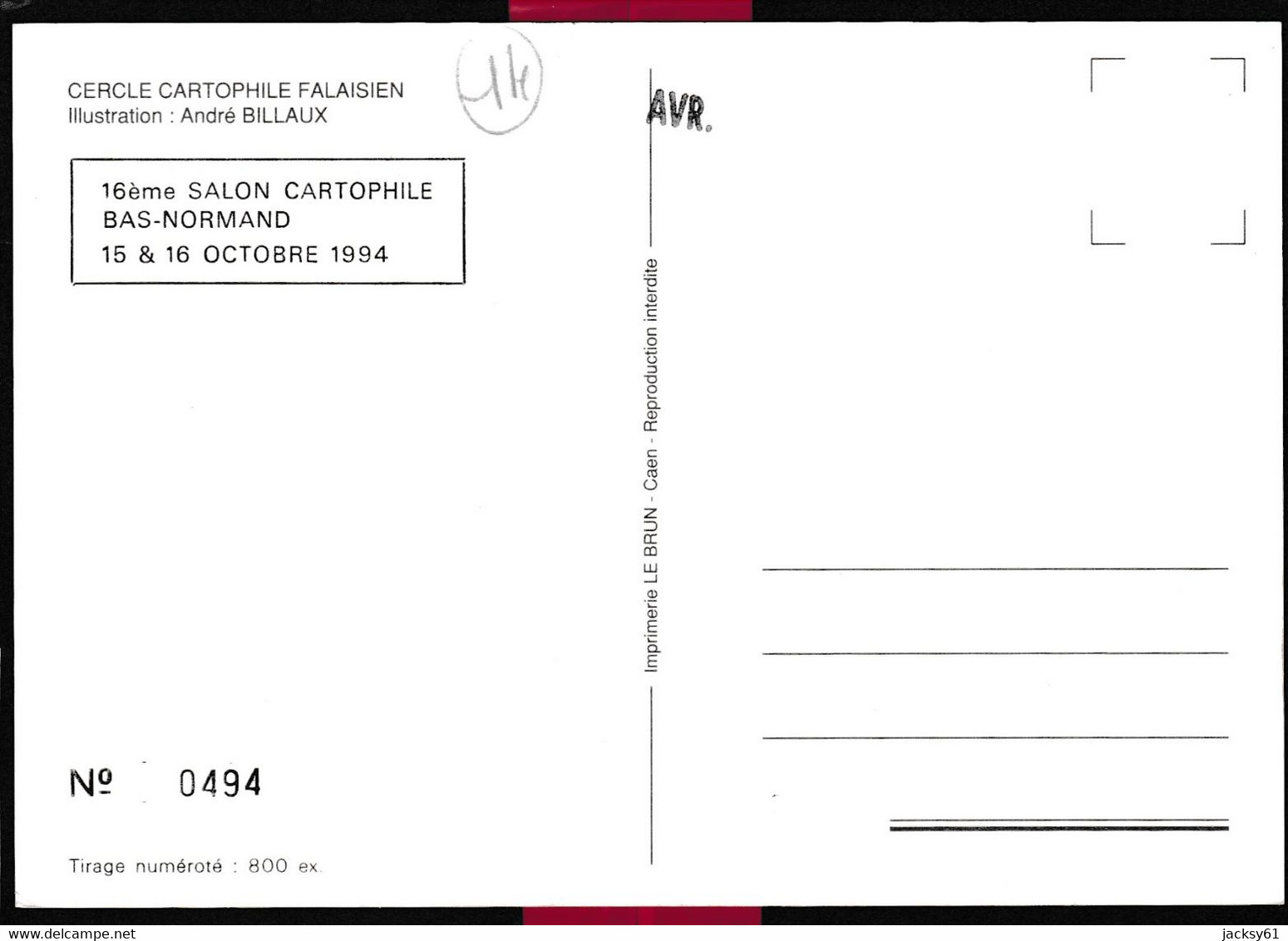 14 - Falaise - 16 ème Salon Cartophile Bas-normand 15 & 16 Octobre 1994 - Bourses & Salons De Collections