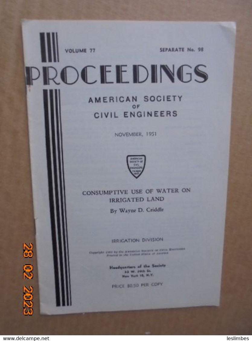 Consumptive Use Of Water On Irrigated Land By Wayne D. Criddle - Ingegneria