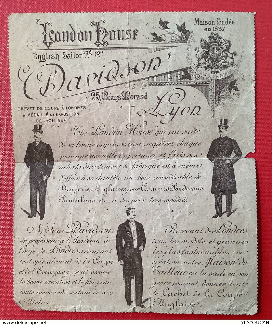 RR ! SPEUDO ENTIER POSTAL POSTE LOCALE PUB. 1895 LYON" London House Cours Morand" (France Cinderella Local Post Tailor - Cartes-lettres