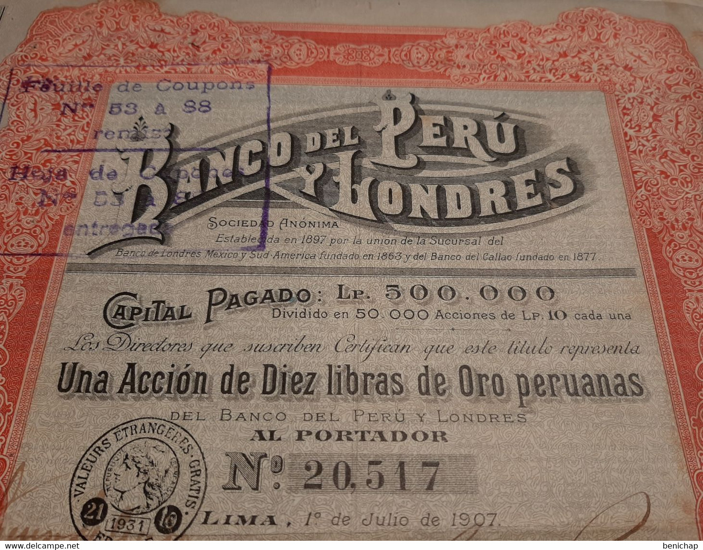 Banco Del Peru & Londres - Una Accion De Diez Libras De Oro Peruanas Al Portador S.a. - Lima Julio 1907 - Bank & Versicherung