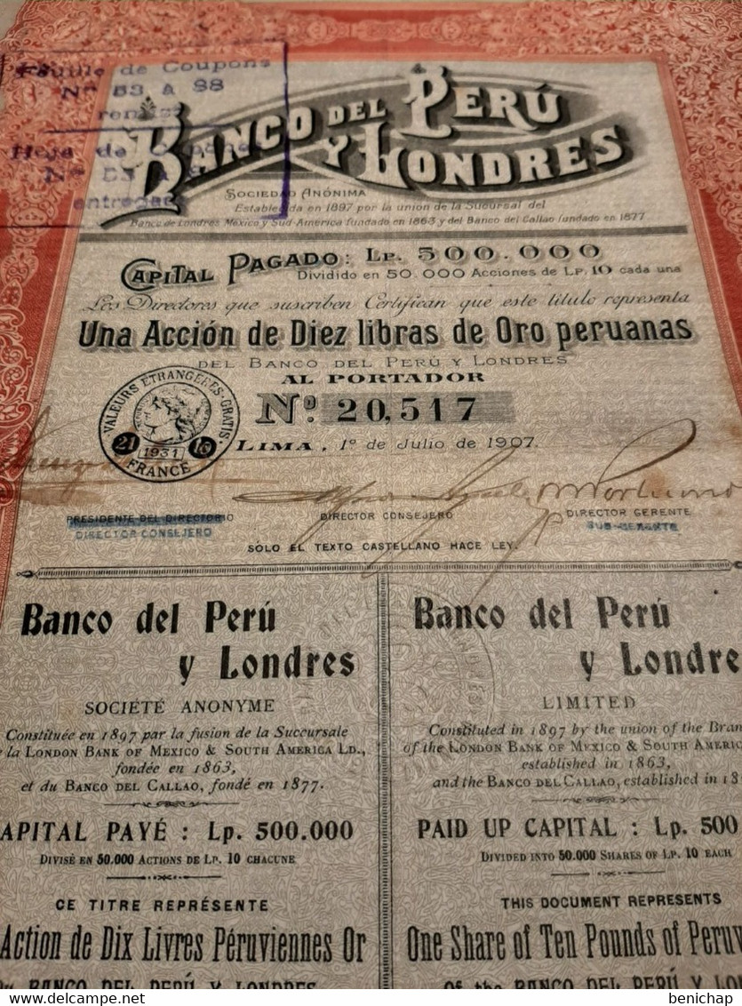 Banco Del Peru & Londres - Una Accion De Diez Libras De Oro Peruanas Al Portador S.a. - Lima Julio 1907 - Banque & Assurance