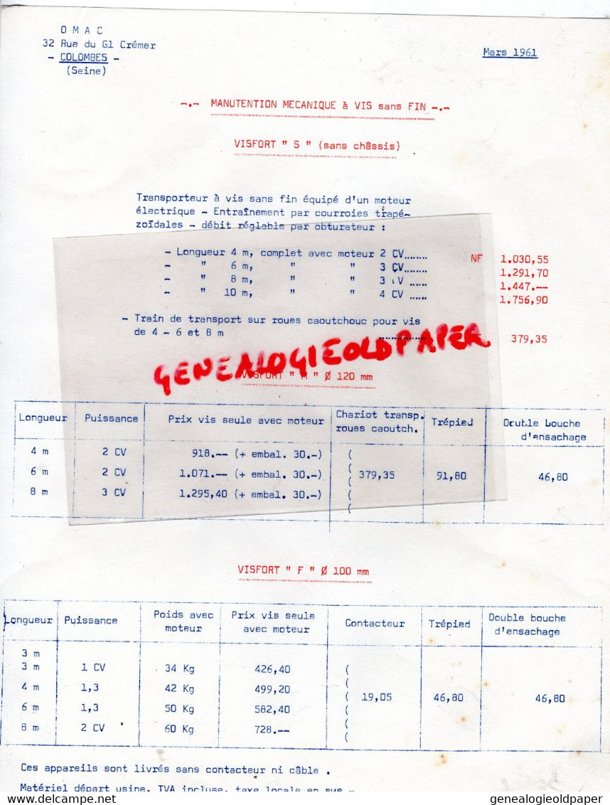 92- COLOMBES- PROSPECTUS PUBLICITE VISFORT S ELEVATEUR A VIS OMAC-AGRICULTURE 32 RUE GENERAL CREMER-TARIFS - Landwirtschaft