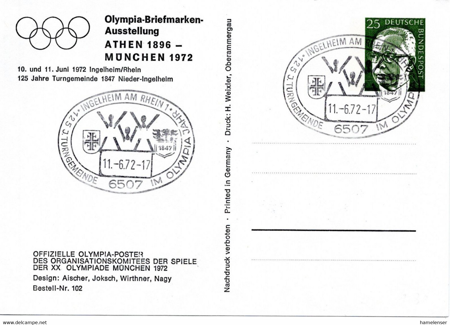 57242 - Bund - 1972 - 25Pfg Heinemann PGAAnsKte "Olympia 1972" SoStpl INGELHEIM - ... IM OLYMPIA-JAHR - Verano 1972: Munich