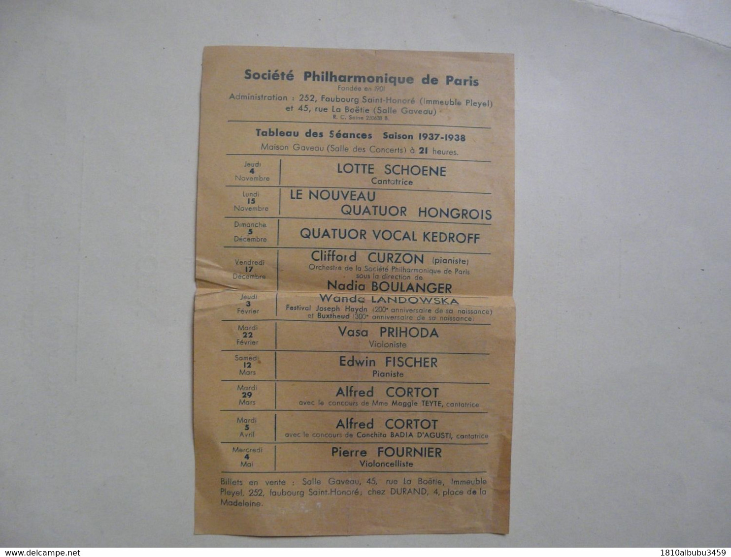VIEUX PAPIERS - PROGRAMME : SOCIETE PHILHARMONIQUE DE PARIS : Le Nouveau QUATUOR HONGROIS 1937 - Programmes