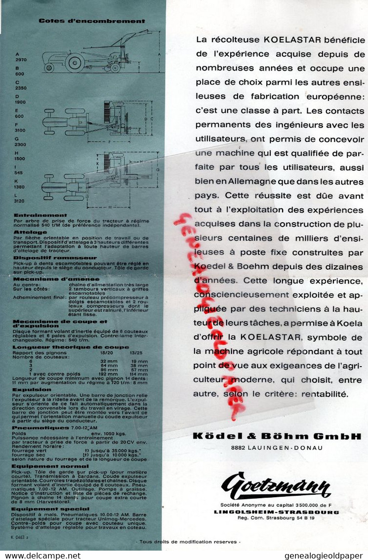 67-LINGOLSHEIM -STRASBOURG- - PROSPECTUS PUBLICITE GOETZMANN RECOLTEUSE KOELASTAR + PRIX 1963  TRACTEUR-AGRICULTURE - Other & Unclassified