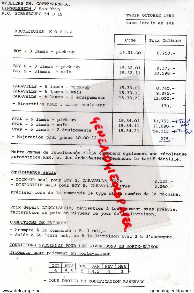 67-LINGOLSHEIM -STRASBOURG- - PROSPECTUS PUBLICITE GOETZMANN RECOLTEUSE KOELASTAR + PRIX 1963  TRACTEUR-AGRICULTURE - Sonstige & Ohne Zuordnung