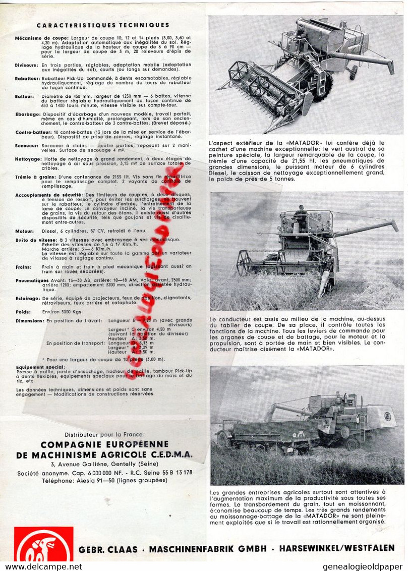 93-GENTILLY-PROSPECTUS PUBLICITE CLAAS MASCHINENFABRIK HARSEWINKEL WESTFALEN TRACTEUR-AGRICULTURE  MOTOCULTURE - Landwirtschaft