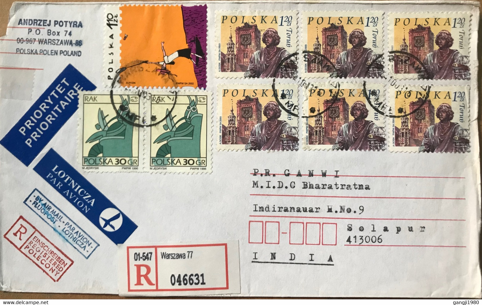 POLAND -2003, COVER USED TO INDIA, REGISTER AIRMAIL, TORUN MULTI 9 STAMP, CATCH BEE, MONUMENT, WORRIER, WARSZAWA CITY CA - Cartas & Documentos