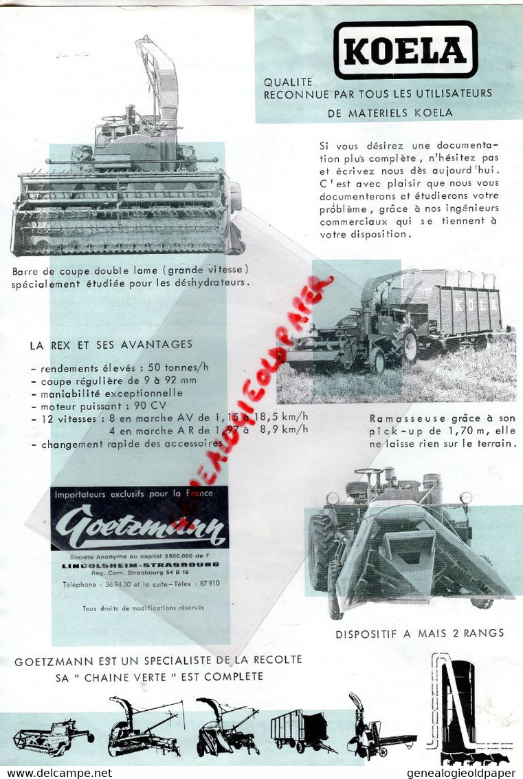 67-LINGOLSHEIM -STRASBOURG-  PROSPECTUS PUBLICITE GOETZMANN- ENSILEUSE KOELA + TARIF 1964  TRACTEUR-AGRICULTURE - Landwirtschaft