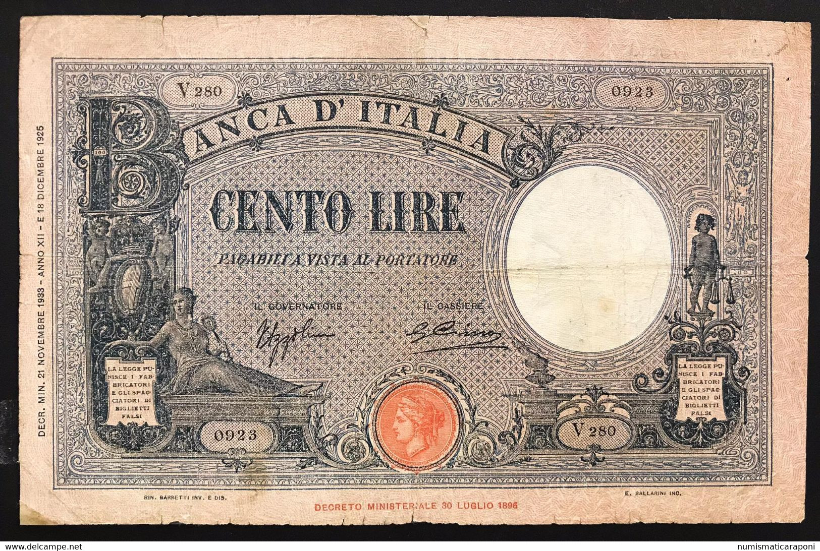 Italy Italia Regno 100 Lire 21 11 1933 Taglietti E Restauri Lotto.4066 - 100 Liras