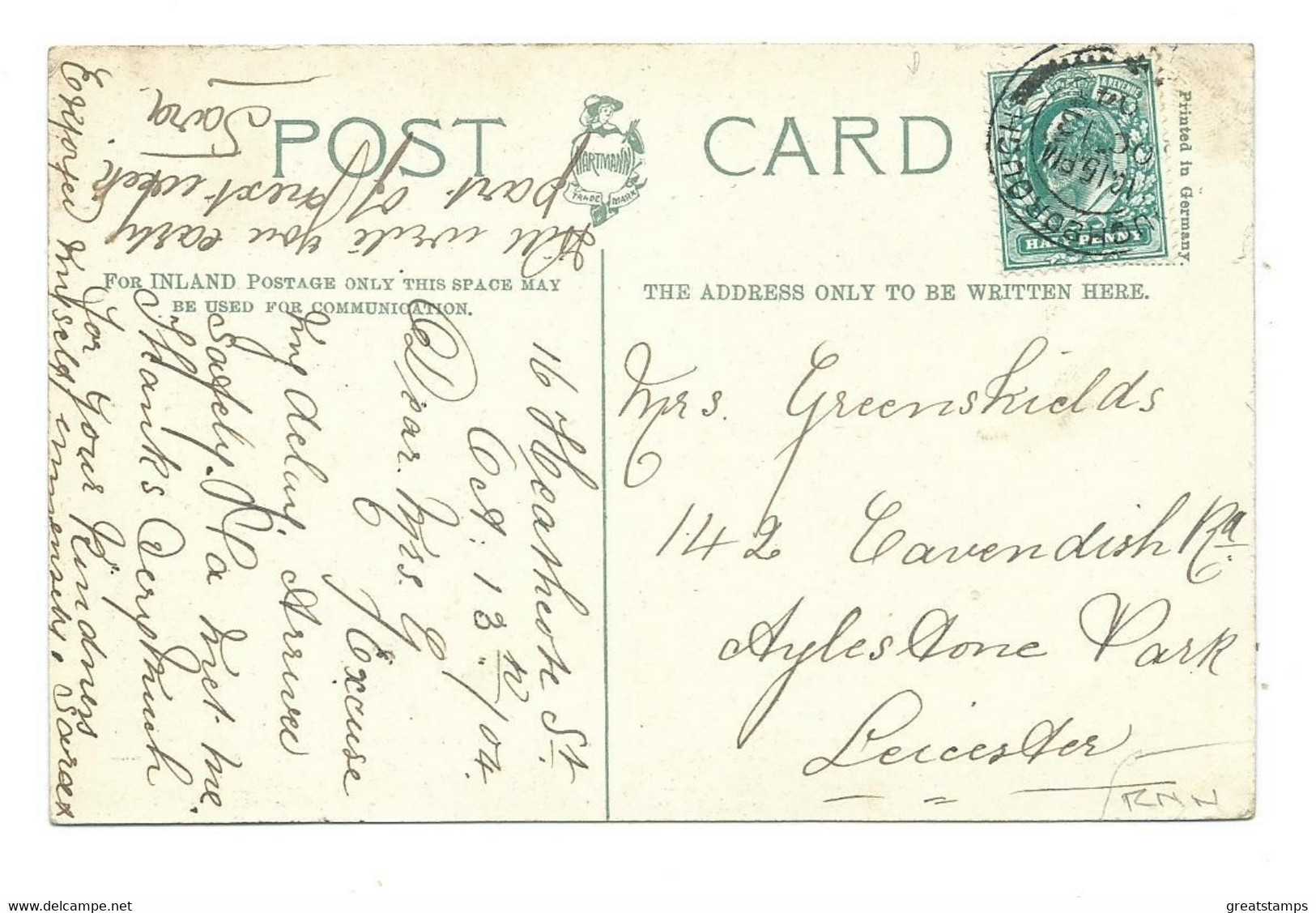 Leicestershire Postcard  Loughborough Town Hall  Posted 1904 Hartmann - Altri & Non Classificati