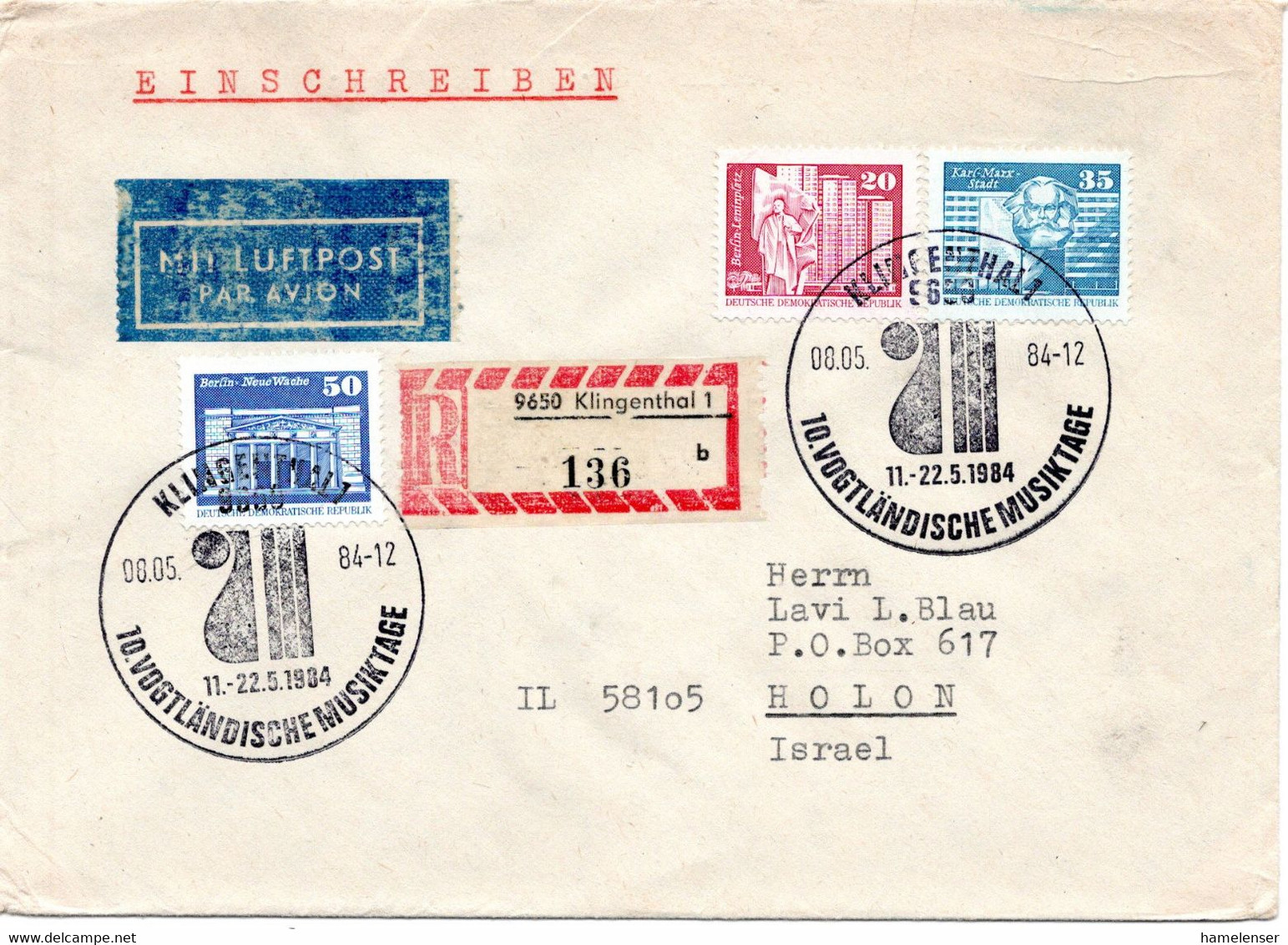 57248 - DDR - 1984 - 50Pfg Kl.Bauten MiF A R-LpBf KLINGENTHAL - 10.VOGTLAENDISCHE MUSIKTAGE .. -> HOLON (Israel) - Música