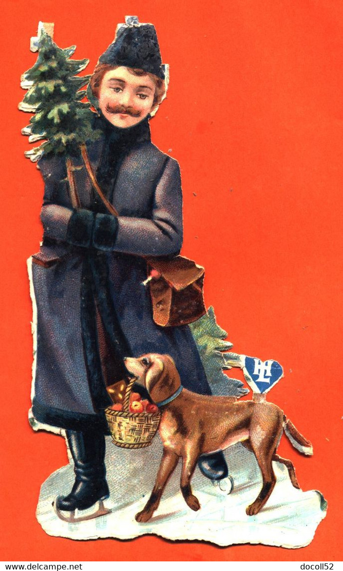 CHROMO DECOUPI Gaufré " Homme Et Petit Chien Avec Sapin De Noel " - Motiv 'Weihnachten'