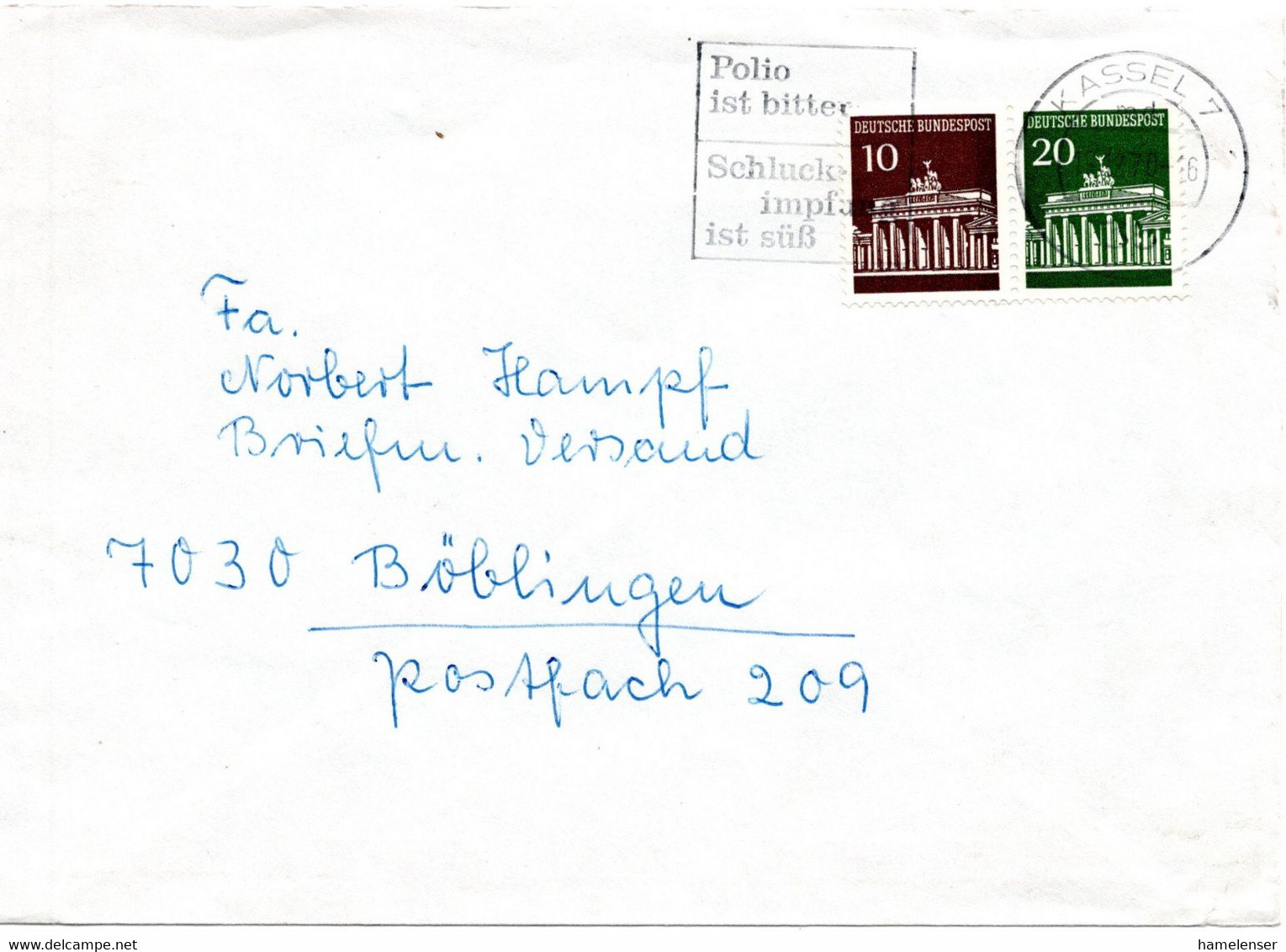 57254 - Bund - 1970 - 10+20Pfg Brandenburger Tor Zdr A Bf KASSEL - POLIO IST BITTER ... -> Boeblingen - Krankheiten