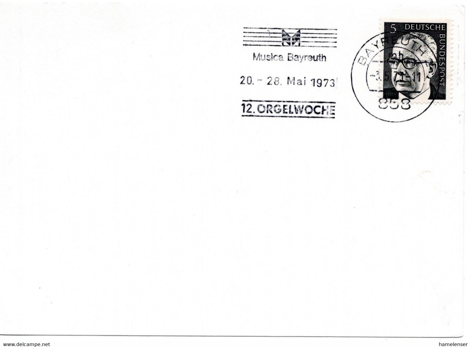 57255 - Bund - 1973 - 5Pfg Heinemann EF A Kte BAYREUTH - MUSICA BAYREUTH 20.-28.MAI 1973 12. ORGELWOCHE - Muziek