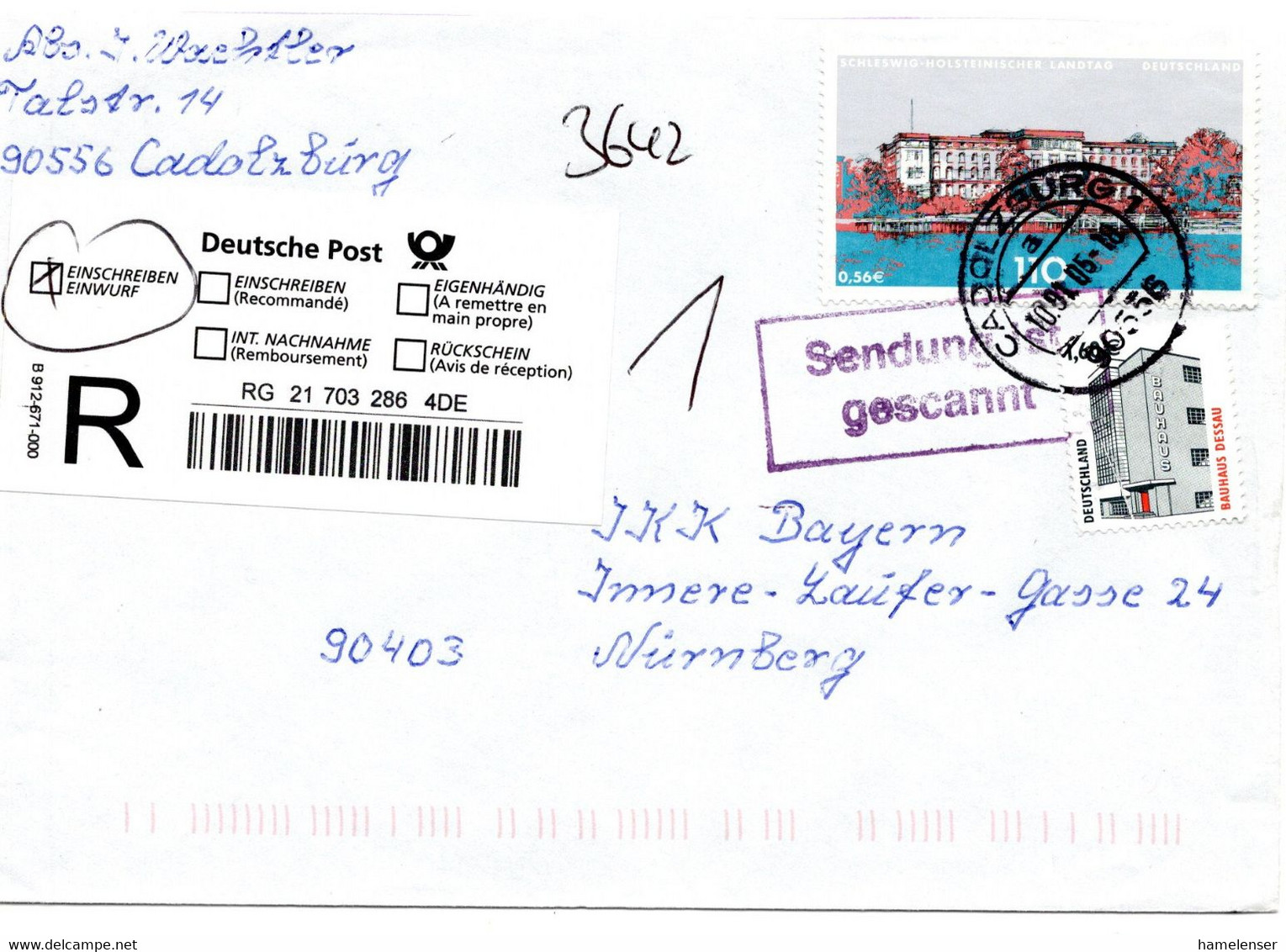 57265 - Bund - 2005 - €1,60 SWK MiF A EinwR-Bf CADOLZBURG -> Nuernberg, M Stpl "Sendung Gescannt" - Storia Postale