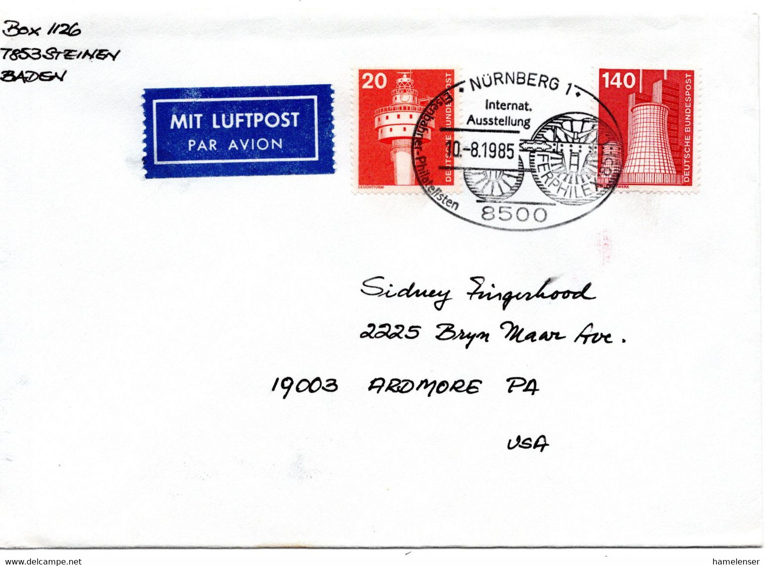 57266 - Bund - 1985 - 140Pfg I&T MiF A LpBf SoStpl NUERNBERG - ... INTERNAT. AUSSTELLUNG FERPHILEX -> Ardmore, PA (USA) - Philatelic Exhibitions