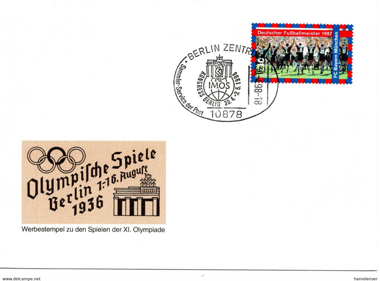 57270 - Bund - 1998 - 100Pfg Fussballmeister '97 F A SoUmschlag SoStpl BERLIN - IMOS KONGRESS BERLIN ... - Other & Unclassified