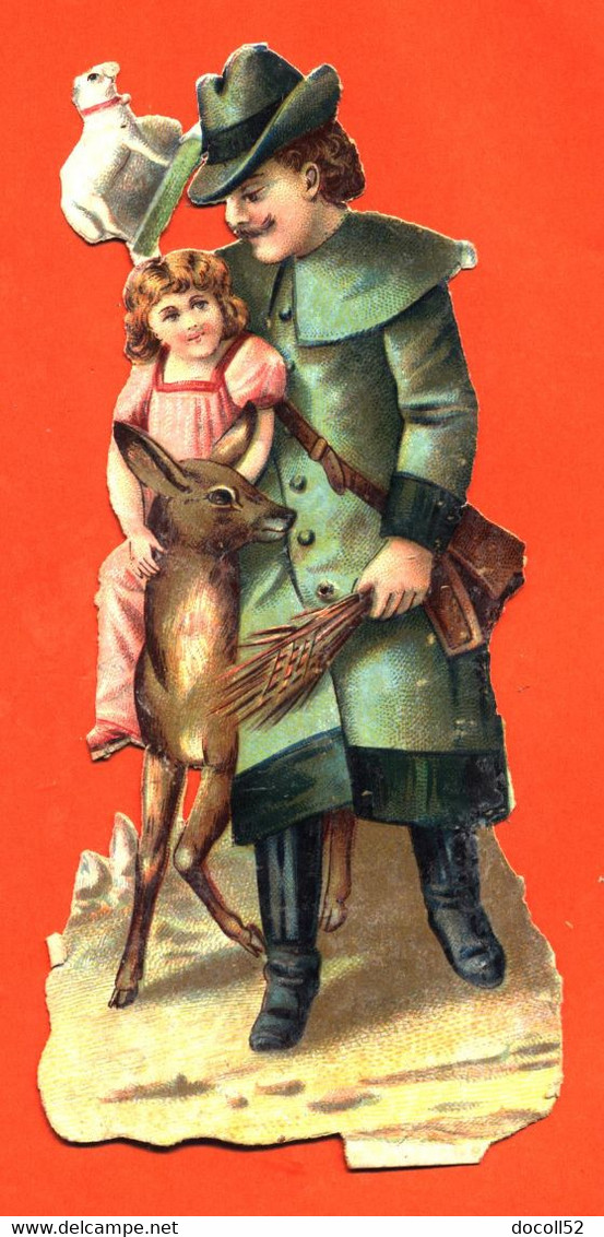 CHROMO DECOUPI Gaufré " Petite Fille Avec Chasseur Et Chevreuil " - Kinderen