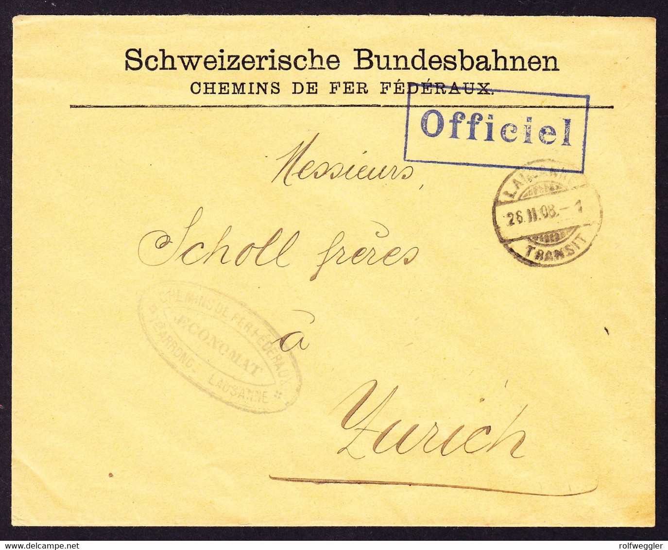 1908 Offizieller Brief Schweizerische Bundesbahnen. Aus Lausanne Nach Zürich. Blauer Stempel "Officiel" - Bahnwesen